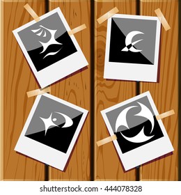 4 images: recycle symbol, monetary sign, little man, deer. Abstract set. Photo frames  films on wooden desk. Vector icons.