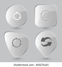 4 images: recycle symbol. Recycle symbols set. Glass buttons on gray background. Vector icons.