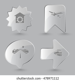4 images: repair shop, airliner, road, train. Transport set. Glass buttons on gray background. Vector icons.