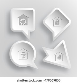 4 images: repair shop, bank, pharmacy, home comfort. Home set. Paper stickers. Vector illustration icons.
