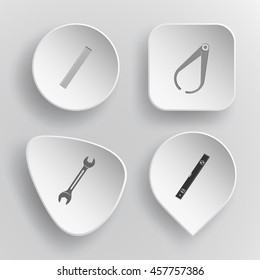 4 images: ruler, caliper, spanner, spirit level. Angularly set. White concave buttons on gray background. Vector icons.