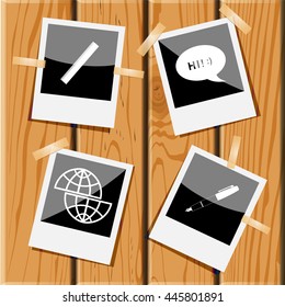 4 images: ruler, chat symbol, shift globe, ink pen and pencil. Education set. Photo frames on wooden desk. Vector icons.