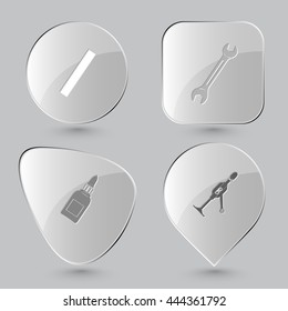 4 imágenes: regla, spanner, botella de pegamento, taladro de mano. Conjunto angular. Botones de vidrio sobre fondo gris. Iconos vectores.