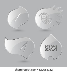 4 imágenes: pluma gobernante, globo de desplazamiento, pinza de freno, búsqueda. Conjunto de educación. Botones de vidrio sobre fondo gris. Tema del fuego. Iconos vectores.