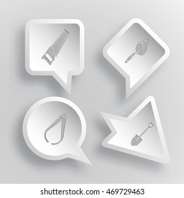 4 images: saw, trowel, caliper, spade. Industrial tools set. Paper stickers. Vector illustration icons.