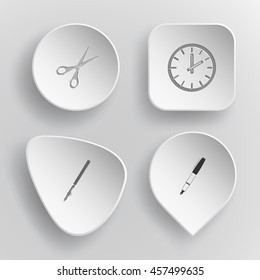 4 images: scissors, clock, ruling pen, ink pen. Education set. White concave buttons on gray background. Vector icons.