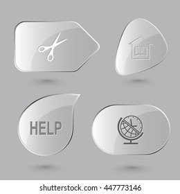 4 images: scissors, library, label "help", globe and clock. Education set. Glass buttons on gray background. Vector icons.