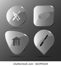 4 Bilder: Schraubenzieher und Kombinationszange, Hohlziegel, Werkstatt, Kissenschachtel. Industrielle Werkzeuge. Glasknöpfe. Vektorgrafik-Symbol.
