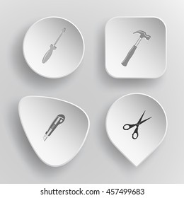 4 images: screwdriver, hammer, knife, scissors. Angularly set. White concave buttons on gray background. Vector icons.