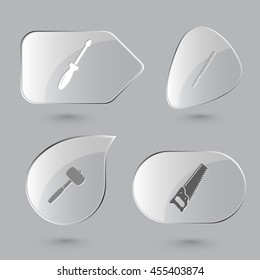 4 images: screwdriver, ruling pen, mallet, saw. Angularly set. Glass buttons on gray background. Vector icons.