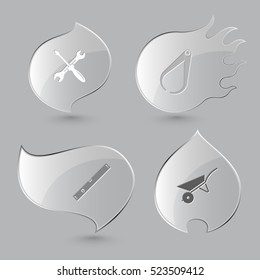 4 imágenes: destornillador y esparadrapo, pinza de freno, nivel de espíritu, carretilla. Herramientas industriales. Botones de vidrio sobre fondo gris. Tema del fuego. Iconos vectores.