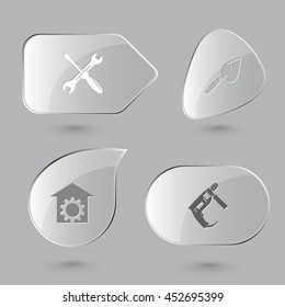 4 images: screwdriver and spanner, trowel, repair shop, electric drill. Industrial tools set. Glass buttons on gray background. Vector icons.