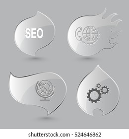 4 images: seo, global communication, globe and handset, gears. Business set. Glass buttons on gray background. Fire theme. Vector icons.