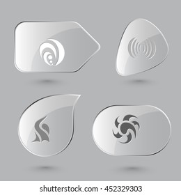 4 imágenes como conjunto de formas abstractas únicas. Botones de vidrio sobre fondo gris. Iconos vectores.
