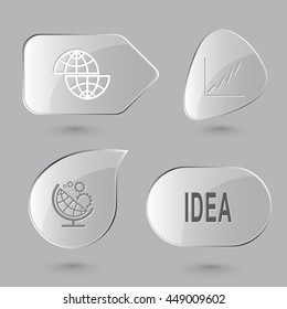 4 images: shift globe, diagram,  and gears, label "idea". Business set. Glass buttons on gray background. Vector icons.