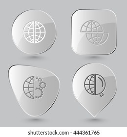 4 images: shift globe, and gears, and magnifying glass. Globe set. Glass buttons on gray background. Vector icons.