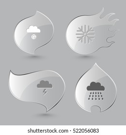 4 images: snowfall, snowflake, thunderstorm, rain. Weather set. Glass buttons on gray background. Fire theme. Vector icons.