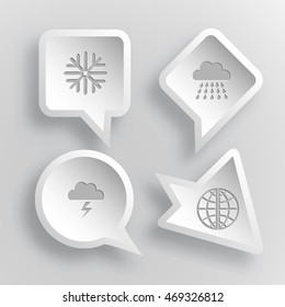 4 images: snowflake, rain, thunderstorm, globe. Weather set. Paper stickers. Vector illustration icons.