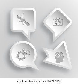 4 Bilder: Raumschiff, Kamera, Zahnräder, menschliches Gehirn. Technologiesatz. Papieraufkleber. Vektorgrafik-Symbole.