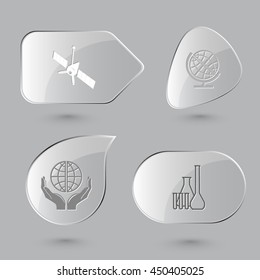 4 images: spaceship, globe, protection world, chemical test tubes. Science set. Glass buttons on gray background. Vector icons.