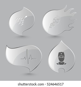 4 images: spermatozoon, dna, cardiogram, doctor. Medical set. Glass buttons on gray background. Fire theme. Vector icons.