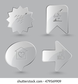 4 imágenes: espermatozoo, microscopio de laboratorio, orfanato, tubos de ensayo químicos. Equipo médico. Botones de vidrio sobre fondo gris. Iconos vectores.