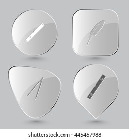 4 images: spirit level, feather, caliper. Angularly set. Glass buttons on gray background. Vector icons.