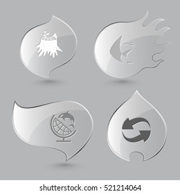 4 images: stub, fish, globe and shamoo, recycle symbol. Nature set. Glass buttons on gray background. Fire theme. Vector icons.