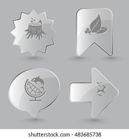 4 images: stub, leaf with berries, globe and shamoo, deer. Nature set. Glass buttons on gray background. Vector icons.
