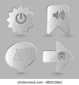 4 Bilder: Schalterelement, Lautsprecher, chemische Prüfröhren, Reparaturwerkstatt. Technologiesatz. Glasknöpfe auf grauem Hintergrund. Vektorsymbole.