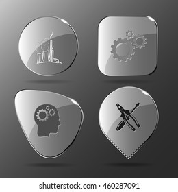 4 images: thermal power engineering, gears, human brain, screwdriver and combination pliers. Tehnology set. Glass buttons. Vector illustration icon.