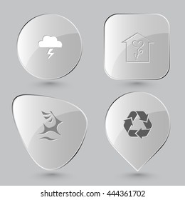 4 images: thunderstorm, flower shop, deer, recycle symbol. Nature set. Glass buttons on gray background. Vector icons.