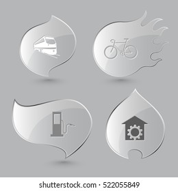 4 images: train, bicycle, fueling station, repair shop. Transport set. Glass buttons on gray background. Fire theme. Vector icons.