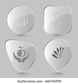 4 images: trees, flower, apple in hands, plant. Nature set. Glass buttons on gray background. Vector icons.