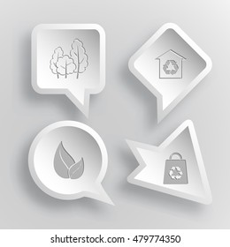 4 images: trees, protection of nature, leaf, bag. Ecology set. Paper stickers. Vector illustration icons.