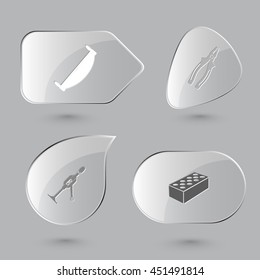 4 images: two-handled saw, pliers, hand drill, hollow brick. Industrial tools set. Glass buttons on gray background. Vector icons.