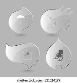 4 images: umbrella, lab microscope, nursing home, armchair. Medical set. Glass buttons on gray background. Fire theme. Vector icons.