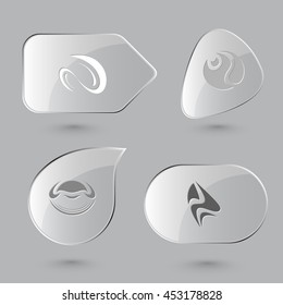 4 images of unique abstract forms. Glass buttons on gray background. Vector icons set.