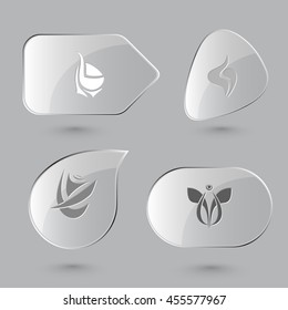 4 imágenes de formas abstractas únicas. Botones de vidrio sobre fondo gris. Iconos vectores establecidos.