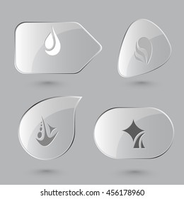 4 imágenes de formas abstractas únicas. Botones de vidrio sobre fondo gris. Iconos vectores establecidos.