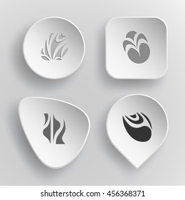 4 images of unique abstract forms. White concave buttons on gray background. Vector icons set.