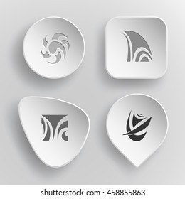 4 imágenes de formas abstractas únicas. Botones cóncavo blancos sobre fondo gris. Iconos vectores establecidos.