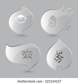 4 images of unique abstract forms. Glass buttons on gray background. Fire theme. Vector icons.