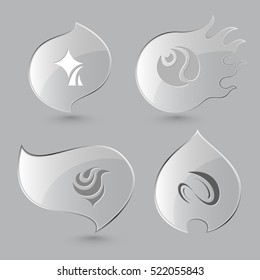 4 images of unique abstract forms.  Glass buttons on gray background. Fire theme. Vector icons set.