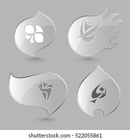 4 imágenes de formas abstractas únicas. Botones de vidrio sobre fondo gris. Tema del fuego. Iconos vectores establecidos.