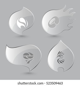 4 images of unique abstract forms. Glass buttons on gray background. Fire theme. Vector icons set.