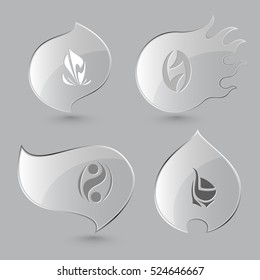 4 images of unique abstract forms. Glass buttons on gray background. Fire theme. Vector icons set.