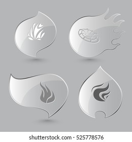 4 Bilder von einzigartigen abstrakten Formularen. Glasknöpfe auf grauem Hintergrund. Feuerthema. Vektorsymbole gesetzt.