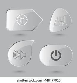 4 images: wind turbine, chemical test tubes, loudspeaker, switch element. Tehnology set. Glass buttons on gray background. Vector icons.