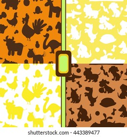 4 in1 set of seamless patterns. Silhouettes of farm animals and fun doggies. brown, yellow, white color